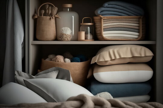 neatly folded bed linen in the closet.