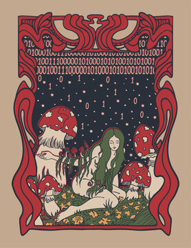  girl and fly agaric grows from her body, vector psychedelic illustration