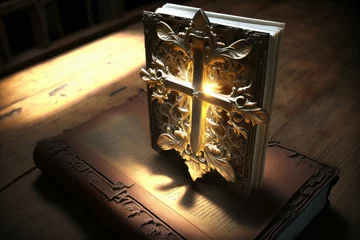 Foto op Plexiglas 3D crucifix on bible book aura light. Generative AI © Kanisorn