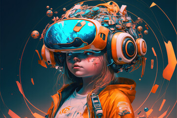 boy wearing VR headset on digital neon lights background 3D, Generative Ai