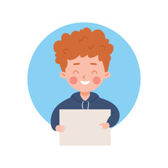 Happy little boy holding paper flat style, vector illustration