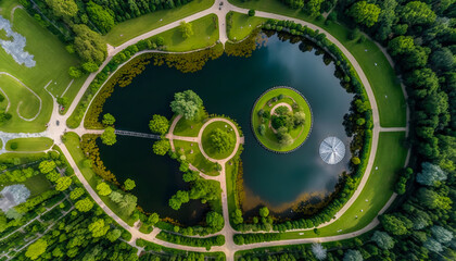 Aerial view of a large park with a lake surrounded by a forest, Generative AI