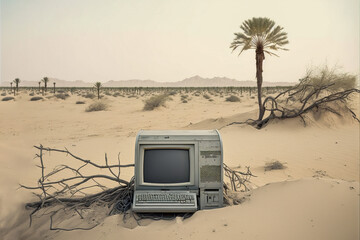 Old abandoned pc in the desert, forgotten technology, Generative AI