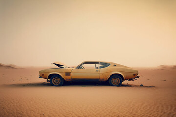 Fototapeta na wymiar Old abandoned car in the middle of desert, Generative AI