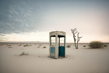 Old abandoned phone booth in the desert, Generative AI - obrazy, fototapety, plakaty