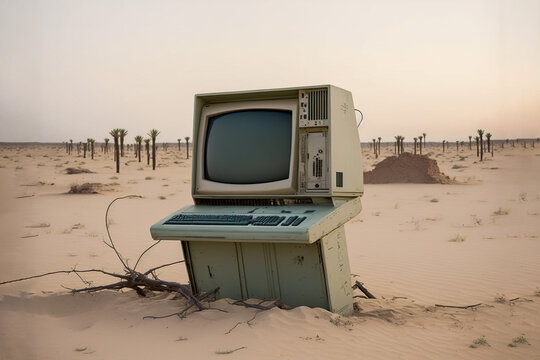 Old abandoned computer in the desert, technology of the past, Generative AI