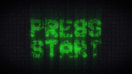 Press start in 90"s style with colorful glitch. Retro arcade, vintage and pixel 