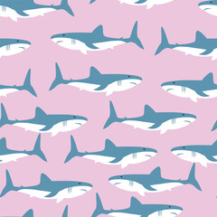 Shark seamless pattern repeating pattern, pastel pink and blue tones, surface design