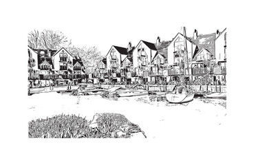 Building view with landmark of  Portsmouth UK. Hand drawn sketch illustration in vector.