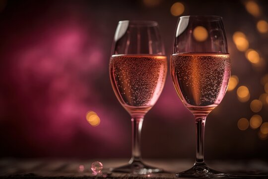 Valentines day celebration toast, pink champagne glasses close up, bokeh lights background.  generative ai