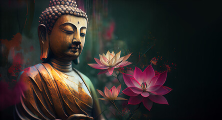 Illustration of Buddha statue with lotus flowers in painting style