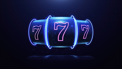 3d render Neon slot machine hit jackpot 777