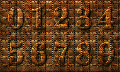 Number Line with Riveted Rusty Metal Numbers Zero through Nine 3D Illustration