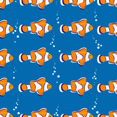 Exotic bright orange fish seamless pattern. Vector marine clown fish in flat style. Marine life.