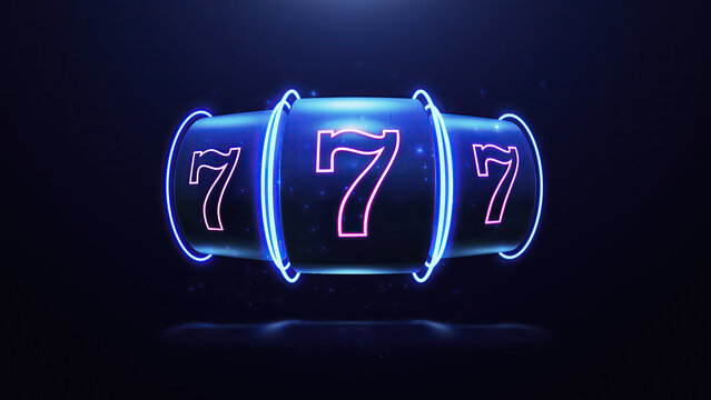 3d render Neon slot machine hit jackpot 777
