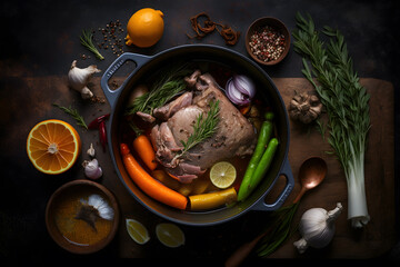 Fototapeta na wymiar Ingredients for roasted pork knuckle in casserole with spices made with Generative AI