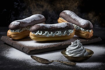 Classic eclairs with cream in chocolate glaze with sugar sprinkles. Generative AI