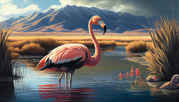 Sun-kissed Flamingo in a Serene Lake surrounded by Majestic Mountains