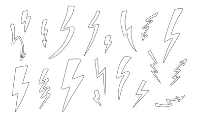 Line lightning set. Vector stock outline illustration isolated on white background for design template poster, banner, presentation.