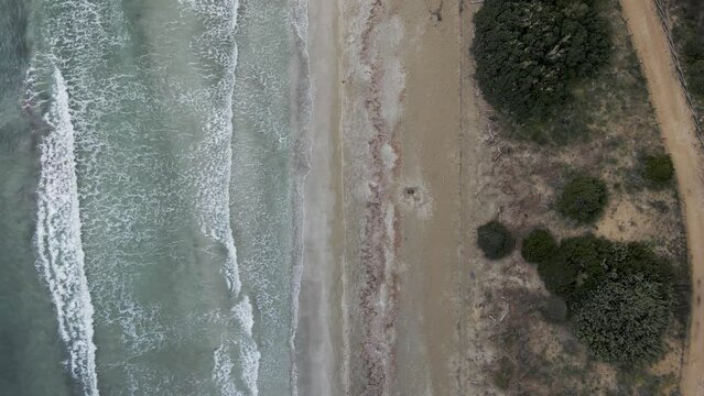 Aerial view of the shoreline at Vendicari Natural Reserve waterfront, Noto, Syracuse, Sicily, Italy.