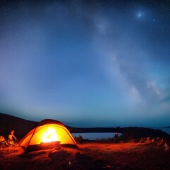 Camping fire under the amazing blue starry sky with a lot of shining stars and clouds. Travel recreational outdoor activity concept - generative ai