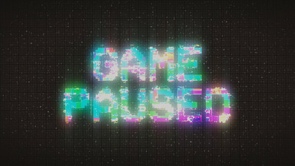 Retro GAME PAUSED text on old tv vhs glitch noise screen 