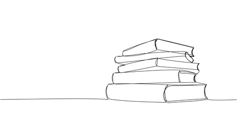 Stack of 5 books one line art. Continuous line drawing of book, library, education, school, study, literature, paper, textbook, knowledge, read, learn, page, reading.