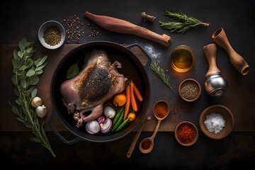 Ingredients for roasted pork knuckle in casserole with spices made with Generative AI - obrazy, fototapety, plakaty