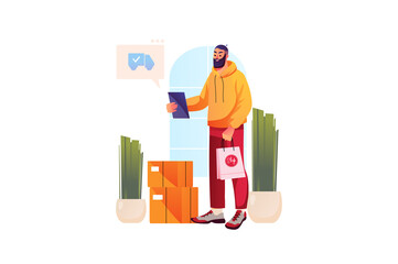 Concept Delivery with people scene in the flat cartoon style. Man buys clothes on the Internet and receives them quickly thanks to delivery.