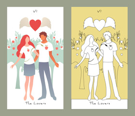 Major Arcana Tarot Cards. Stylized design. The Lovers. Young couple under a heart with wings and fruit trees in the background.