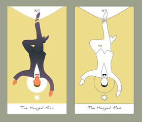 Major Arcana Tarot Cards. Stylized design. The Hanged Man. Man in a suit hanging by one foot upside down
