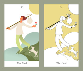 Major Arcana Tarot Cards. Stylized design. The Fool. Man walking between mountains in the company of a dog.