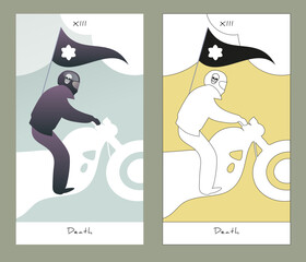 Major Arcana Tarot Cards. Stylized design. Death. Biker with a skull on his helmet, carrying a flag with a flower.