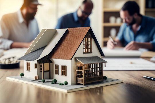 Miniature house in a real estate agency with businessmen and african american buyers signing a mortgage, new home sale concept, mortgage, new home purchase, generative AI