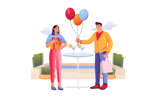 Celebration concept with people scene in the flat cartoon design. Man congratulates his friend on the holiday and gives her balloons.