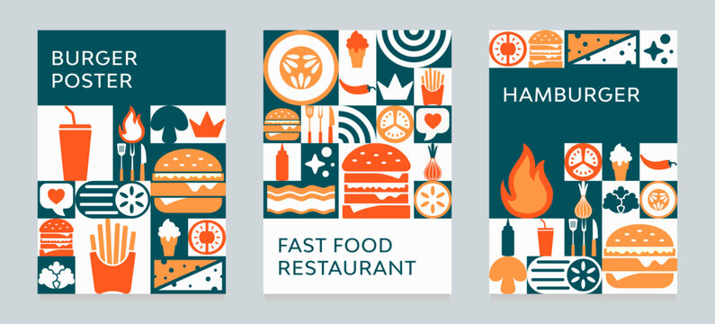 Fast food restaurant business marketing social media banner post template with geometric shapes background, logo and icon. Healthy burger and fast foods online sale promotion flyer. Food web poster.