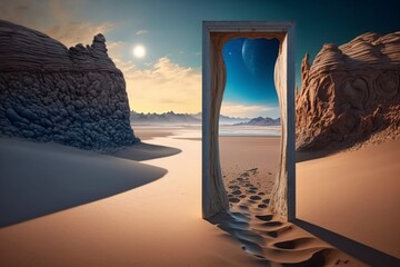 Door to the sea and crystal clear sky in the middle of a desert with footsteps in the sand (made with generative AI)