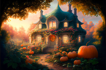 Fototapeta na wymiar Fantasy fairly tale punpkin house in autumn garden, painting style, generative ai illustration