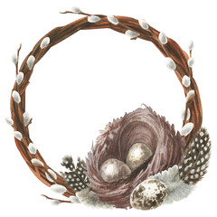 watercolor illustrations with twigs, bird feathers, nest and eggs
