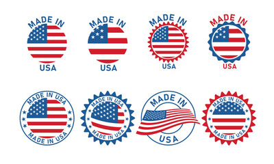 Made in USA labels. American product emblem. Made in usa seal badges design. Patriotic logo or stamp. Isolated tags with flag of america and star symbols vector set. American quality product, banner