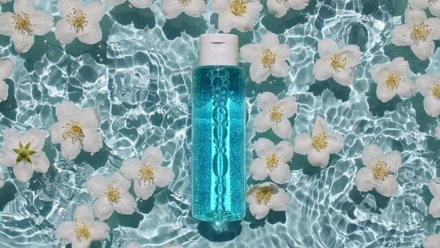 Cosmetic bottle, vial and jasmine petals flowers on water surface with drops. Pure water with reflections sunlight and shadows. Slow motion of waves water. Design, advertising, products. 4k. 