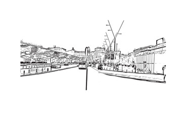 Building view with landmark of Positano Italy. Hand drawn sketch illustration in vector.