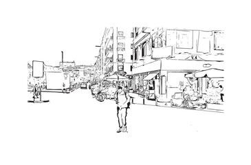 Building view with landmark of Positano Italy. Hand drawn sketch illustration in vector.