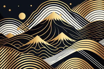 Japanese golden background with line wave pattern and mountain created with Generative AI technology