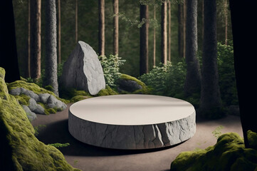 Flat stone podium in the magical forest illustration, empty round stand background, natural stage for cosmetic product display minimal design. Created with Generative AI technology.