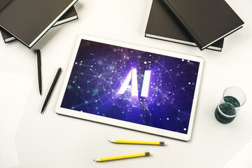 Creative artificial Intelligence symbol concept on modern digital tablet screen. Top view. 3D Rendering