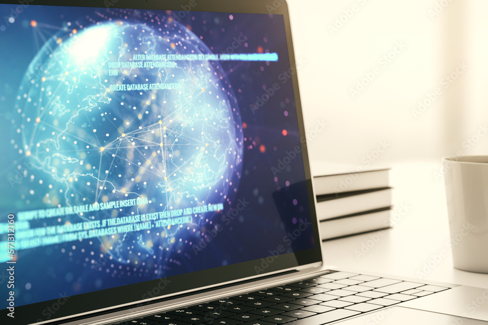 Poster Abstract creative coding concept with world map on modern laptop screen. 3D Rendering