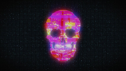 Human Skull on Digital Old TV Screen, Glitch Noise Pixel Interference