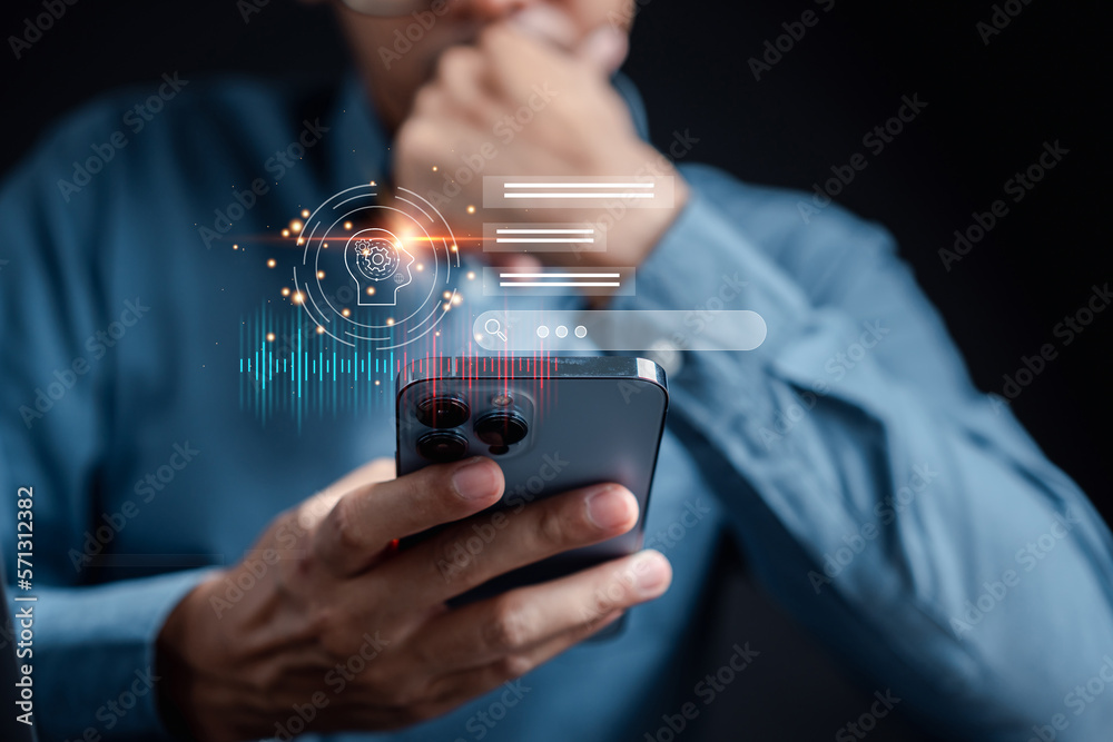 Poster Businessman using chat bot in smartphone intelligence Ai.Chat bot with AI Artificial Intelligence, developed by OpenAI generate. Futuristic technology, robot in online system.