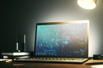 Creative scientific formula illustration on modern computer monitor, science and research concept. 3D Rendering